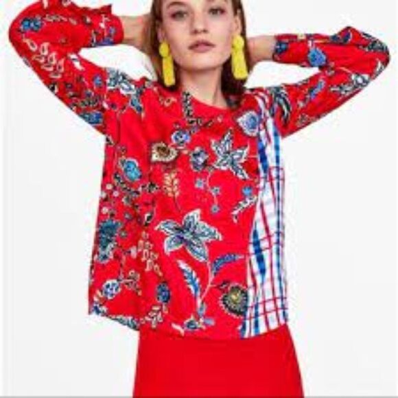 ZARA Floral Bird Patchwork Red Blue Blouse Size Small - Picture 1 of 10